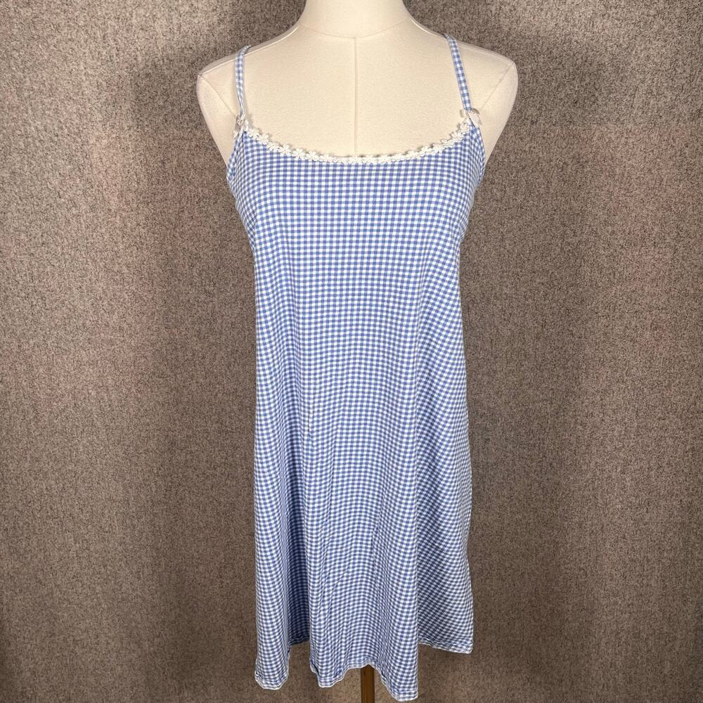 VTG Cottage Core Dainty Gingham Night Gown Casual Slip Dress Sz L 100% Cotton